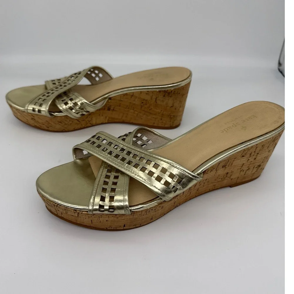 Kate Spade New York Gold Metallic Lattice‎ Cork Wedge Sandals Womens 10M